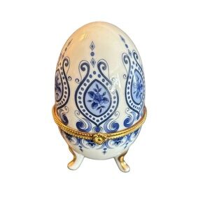 Blue and White Decorative Egg with Gold Accents